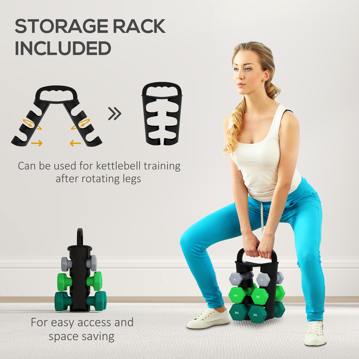 SPORTNOW Dumbbells Set with Carry Storage Rack, Set of 6 Weights for Home Gym Kettlebell Training Weight Lifting Exercise, 2 x 1kg, 2 x 2kg, 2 x 3kg