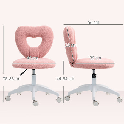 HOMCOM Armless Heart Computer Desk Chair, Teddy Fleece Swivel Office Chair, Makeup Vanity Chair with Height Adjustable, Wheels, for Home Study Bedroom, Pink