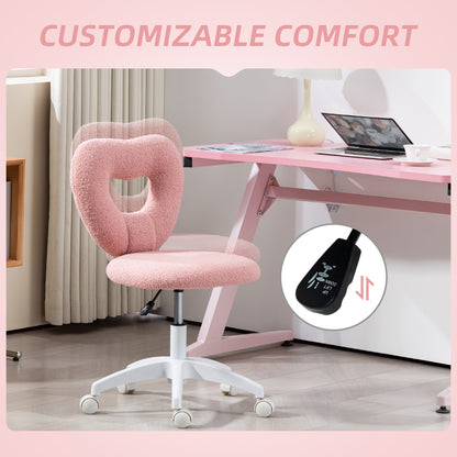 HOMCOM Armless Heart Computer Desk Chair, Teddy Fleece Swivel Office Chair, Makeup Vanity Chair with Height Adjustable, Wheels, for Home Study Bedroom, Pink