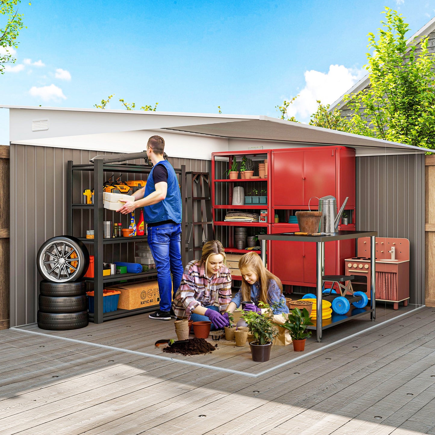 Outsunny 11.3 x 9.2ft Lean to Metal Garden Shed, Outdoor Galvanised Tool Storage House with Double Sliding Doors and 2 Air Vents, Grey