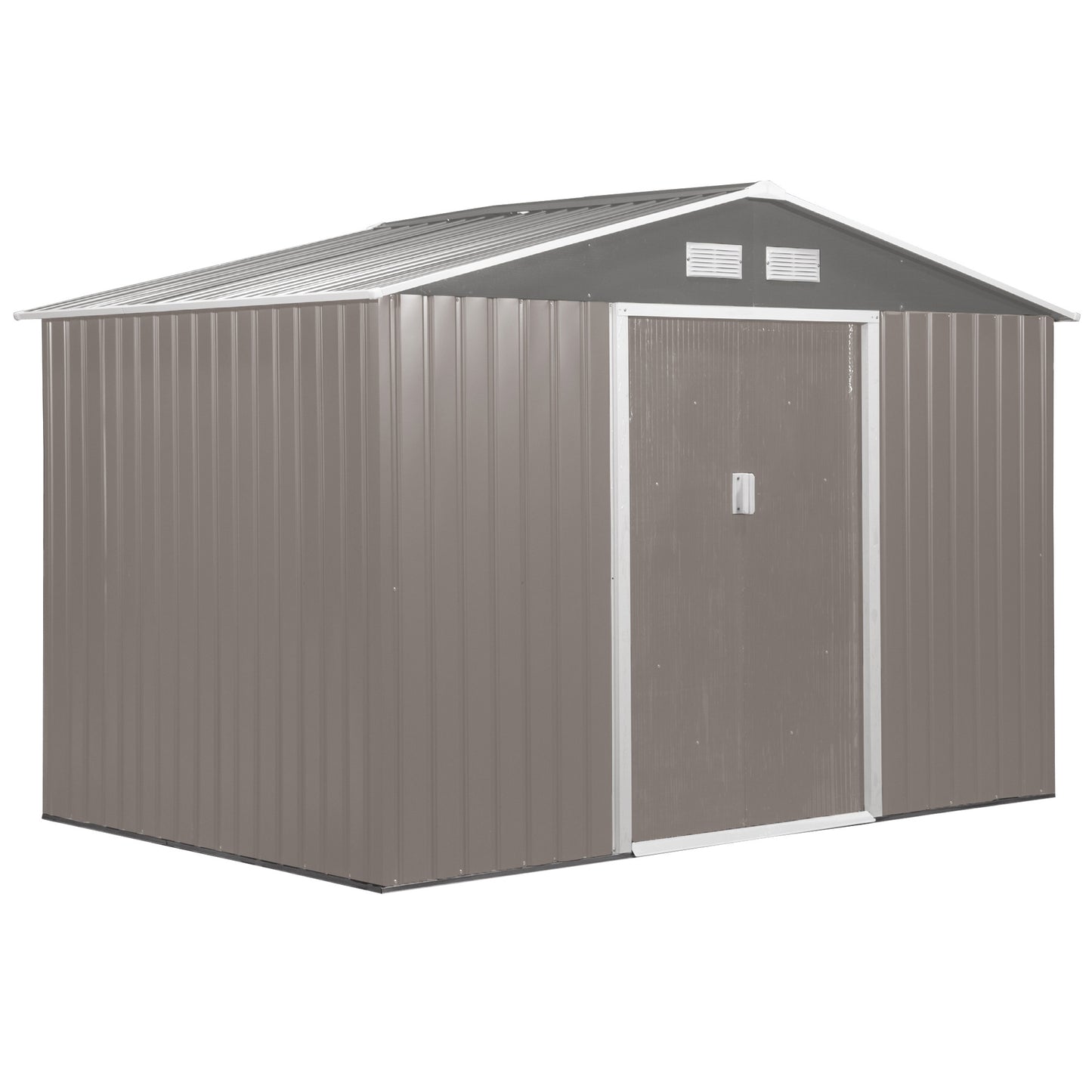 Outsunny 9 x 6FT Outdoor Garden Roofed Metal Storage Shed Tool Box with Foundation Ventilation & Doors Light, Grey