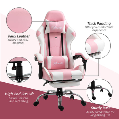 Vinsetto Pink Computer Gaming Chair, Desk Chair with 135° Reclining Back and Retractable Footrest, Adjustable PU Leather Lumbar Support and Headrest, Steel Base for Adults, Girls