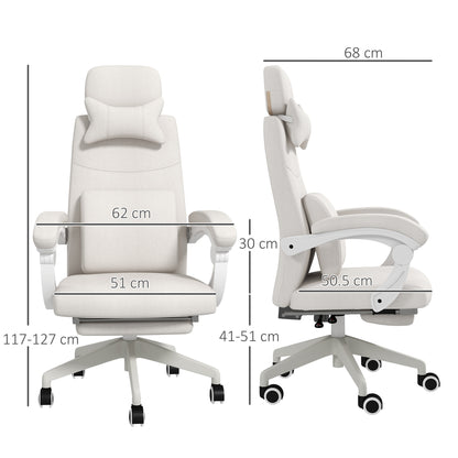 Vinsetto Linen-Look Office Chair, with 160° Reclining Back and Footrest - White