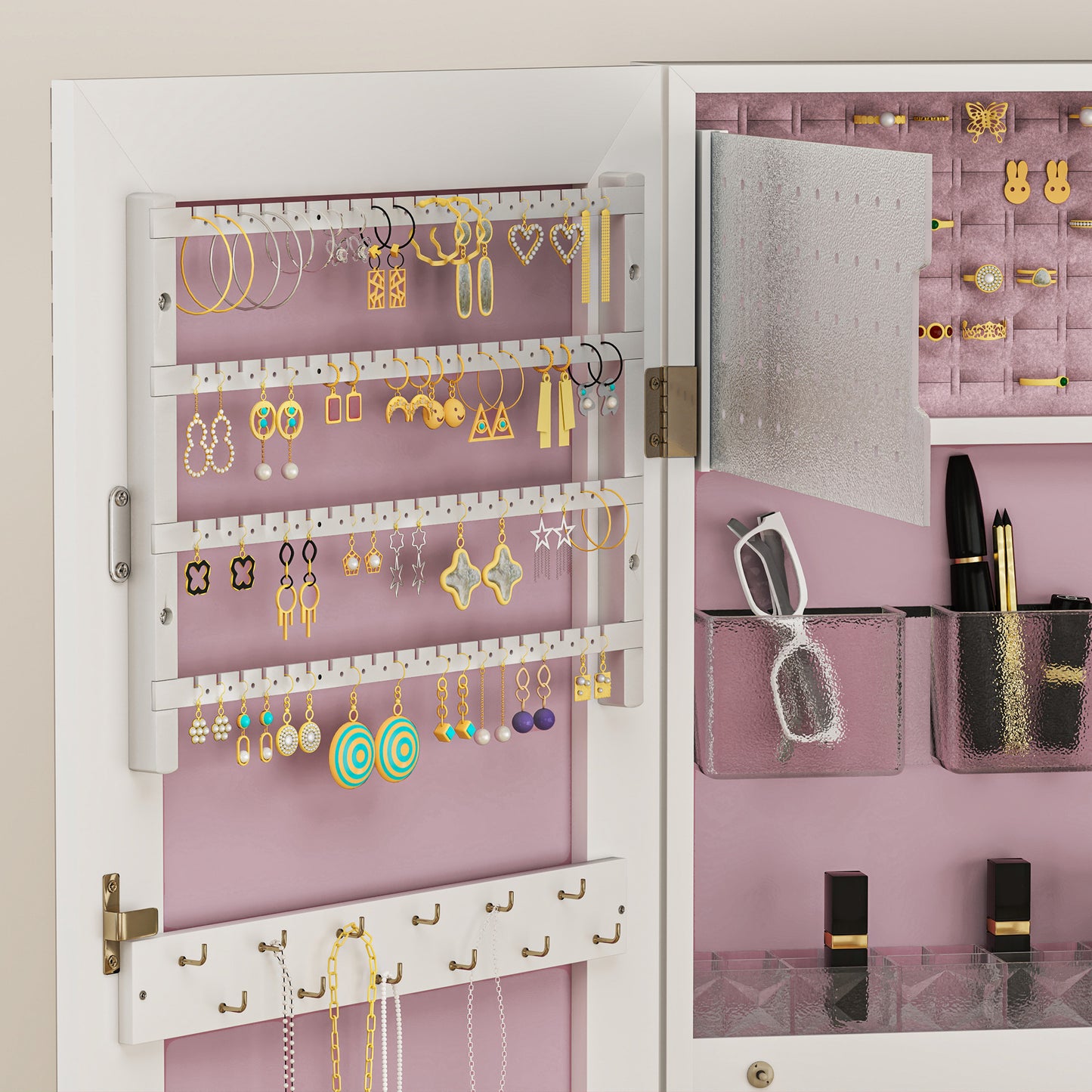 HOMCOM 108 x 37cm Lockable Jewellery Cabinet, with LED Lights - White Surface and Pink Lining