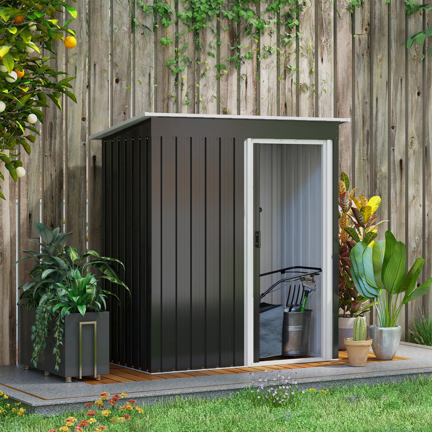 Outsunny 5 x 3ft Garden Storage Shed with Sliding Door and Sloped Roof Outdoor Equipment Tool, Black