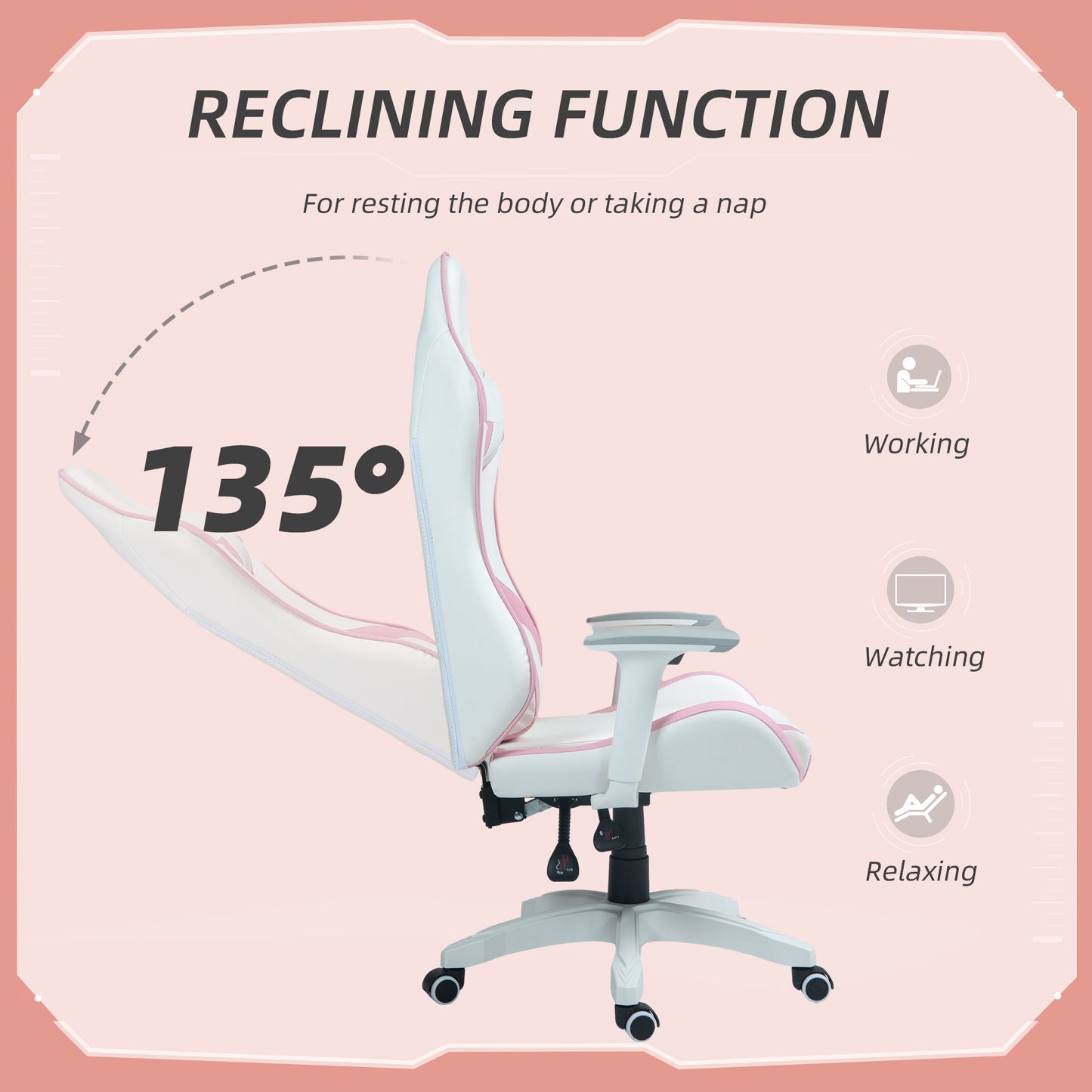 HOMCOM Faux Leather Colour Block Gaming Chair, with 135° Reclining Back - Pink/White