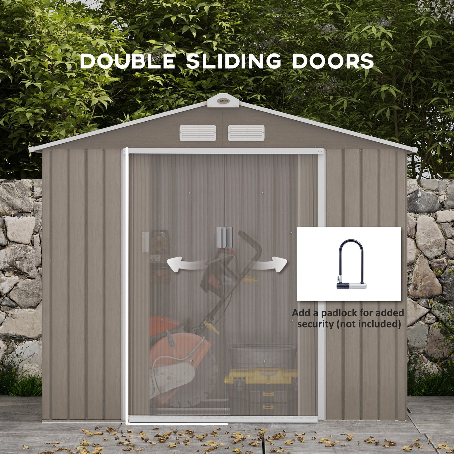 7 x 4ft Light Brown Metal Garden Storage Shed with Vents, Floor Foundation Kit, and Lockable Double Doors