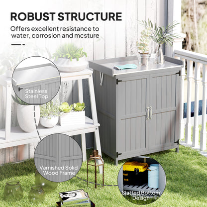 Grey Wooden Garden Shed, Outdoor Tool Storage with Hinged Roof, Shelf, and Double Doors