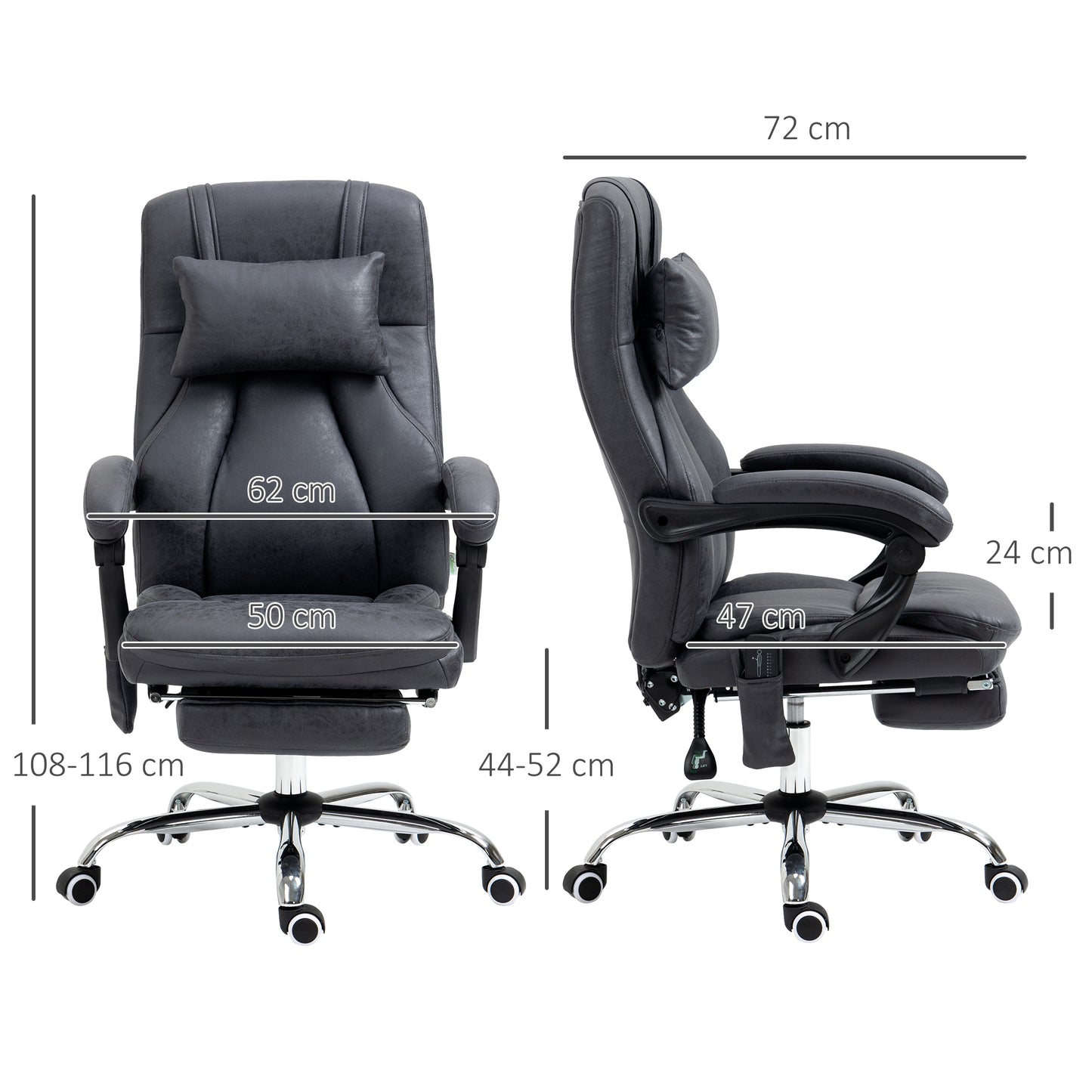 Vinsetto Office Chair with Lumbar Massage, 135° Reclining Computer Chair with Adjustable Headrest, Retractable Footrest, 10cm Double Padded Seat, Microfiber Fabric, Metal Base, Dark Grey