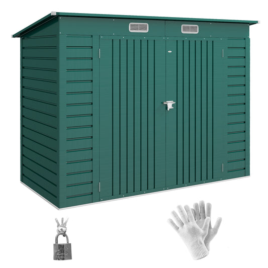 3.7 x 7.9ft Green Galvanized Steel Shed with Latched Door and Padlock