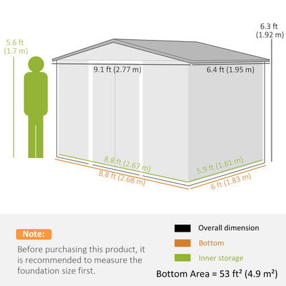 Outsunny 9 x 6ft Metal Garden Shed, Outdoor Storage Tool House with Ventilation Slots, Foundation Kit and Lockable Double Doors, Light Brown