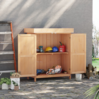 Outsunny Wooden Garden Storage Shed with Hinged Roof and Shelves, Outdoor Storage Cabinet Chest, Double Doors, 74 x 43 x 88cm, Burlywood