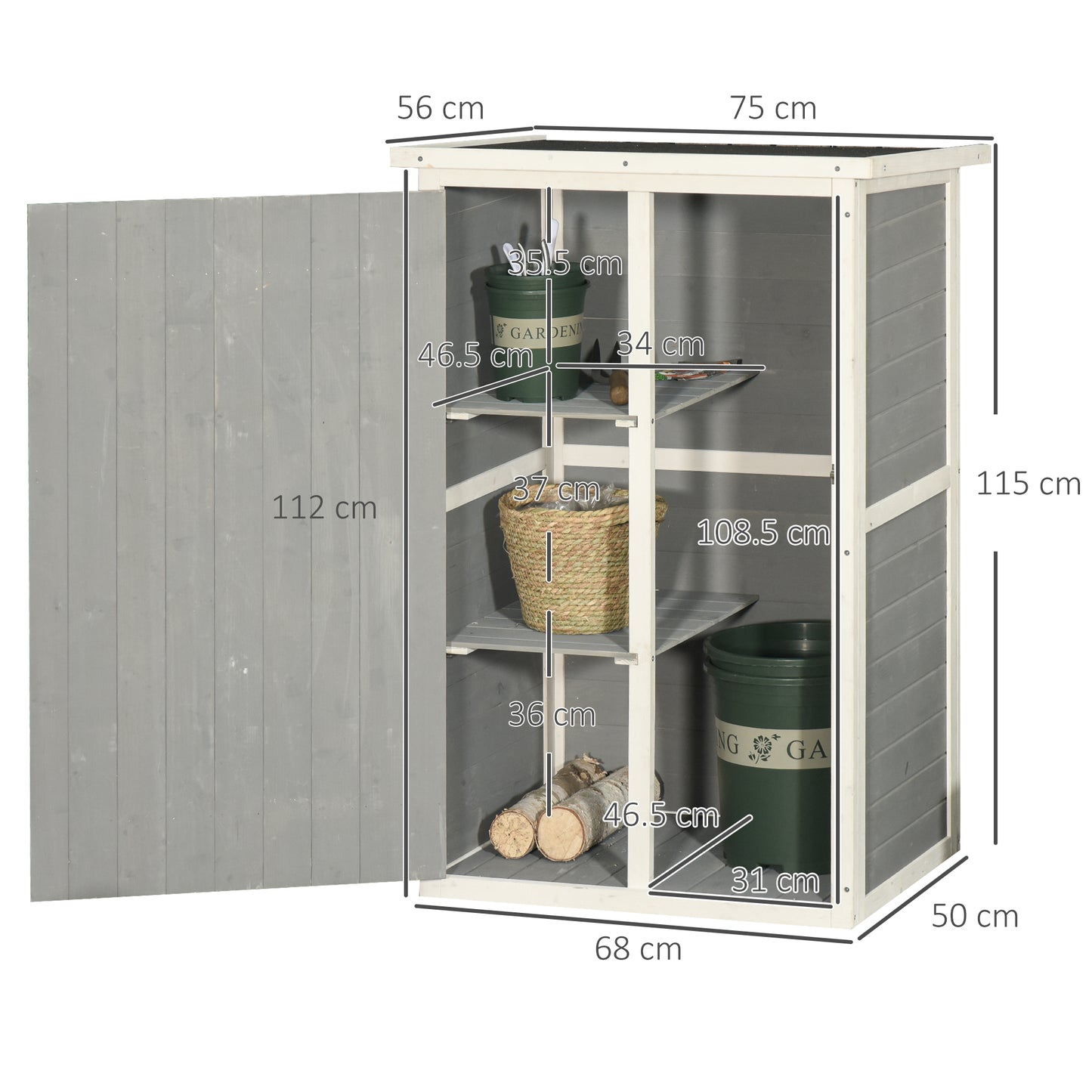 Outsunny Wooden Small Shed, Garden Storage Shed with Shelves and Bolt Latch, 75L x 56W x115H cm, Grey