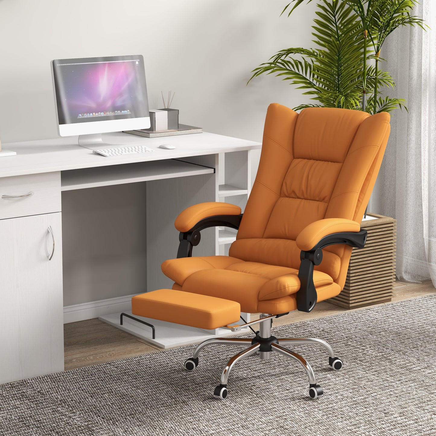 Vinsetto High Back Vibration Massage Office Chair, Heated Reclining PU Leather Computer Chair with 135° Reclining Back and Footrest, Light Brown