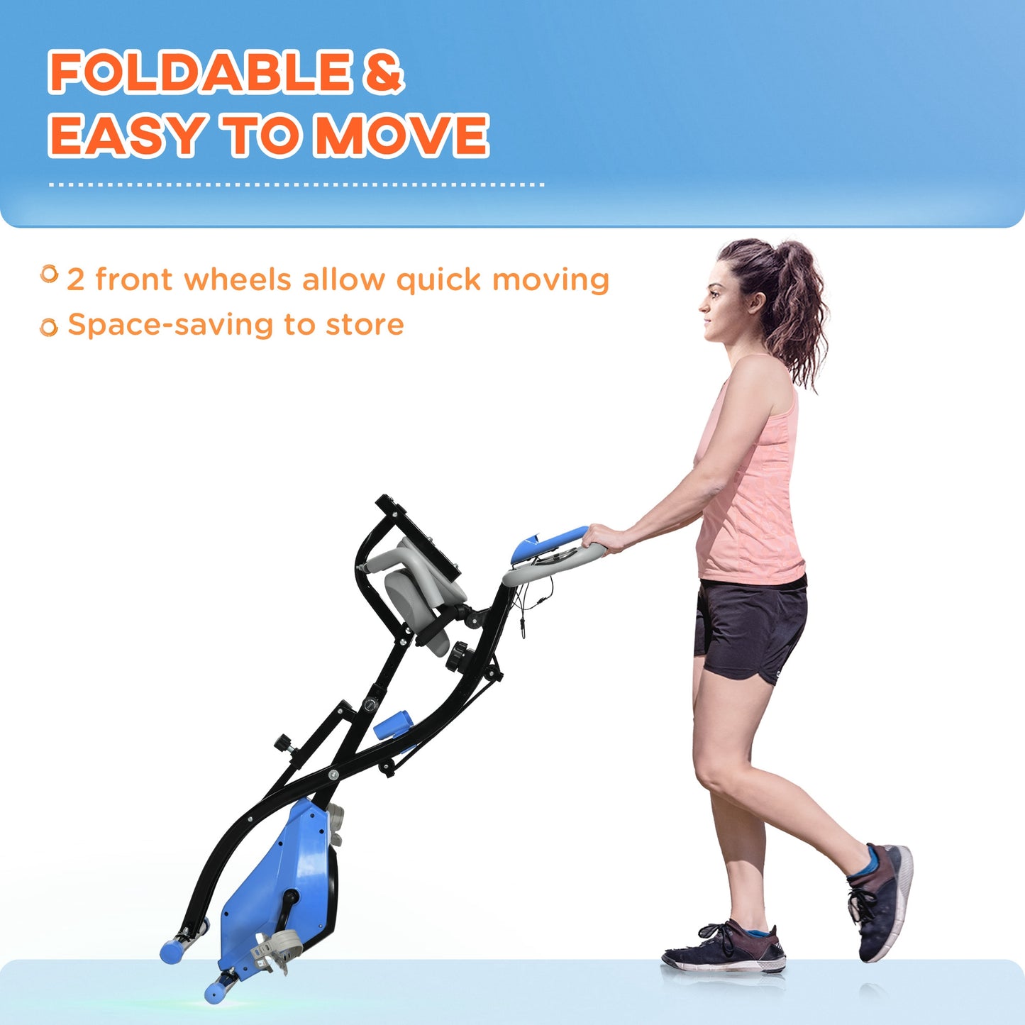 HOMCOM 2-in-1 Folding Exercise Bike with 8-Level Magnetic Resistance, Arm Resistance Band, Pulse Sensor, Blue