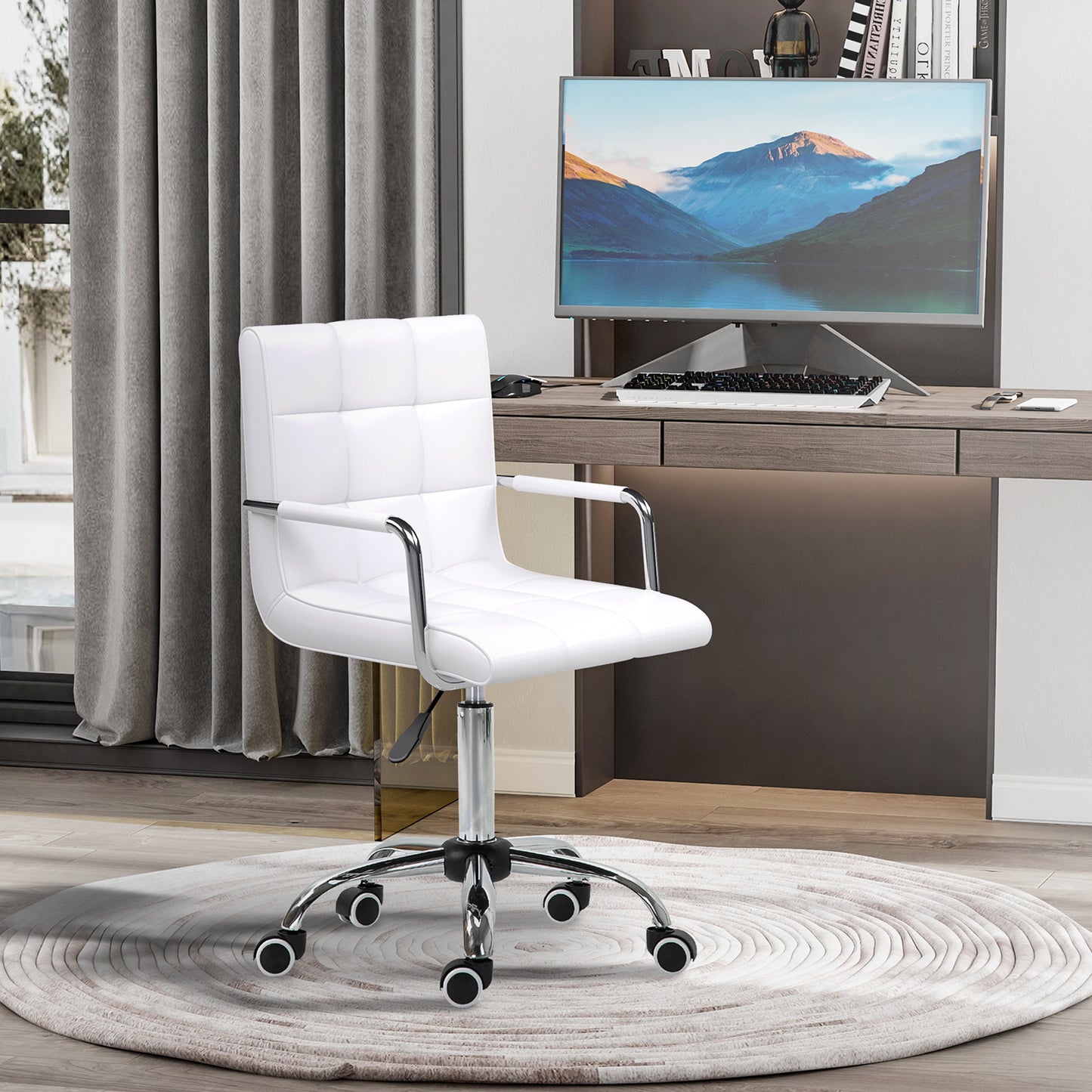 Vinsetto Office Chair, Makeup Vanity Chair, Mid Back Computer Chair, PU Leather Swivel Study Chair with Adjustable Height, Armrest and Rolling Wheels, White