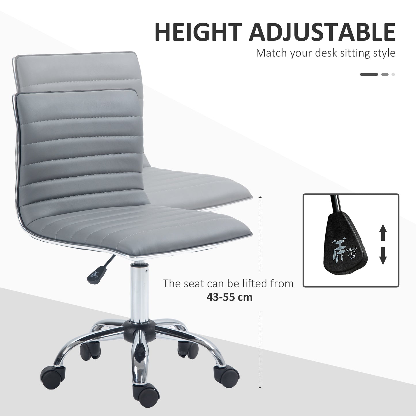 HOMCOM Adjustable Swivel Office Chair with Armless Mid-Back in PU Leather and Chrome Base - Light Grey