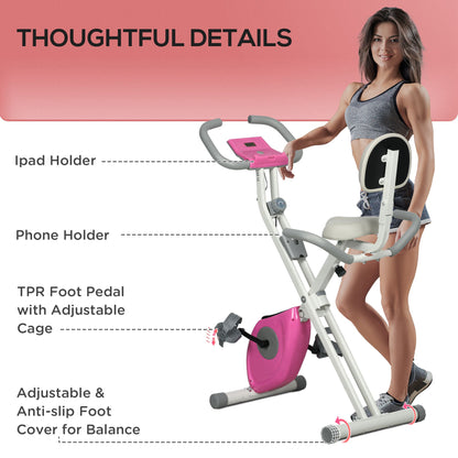 HOMCOM Folding Exercise Bike, with Adjustable Magnetic Resistance, Seat Height - White and Pink